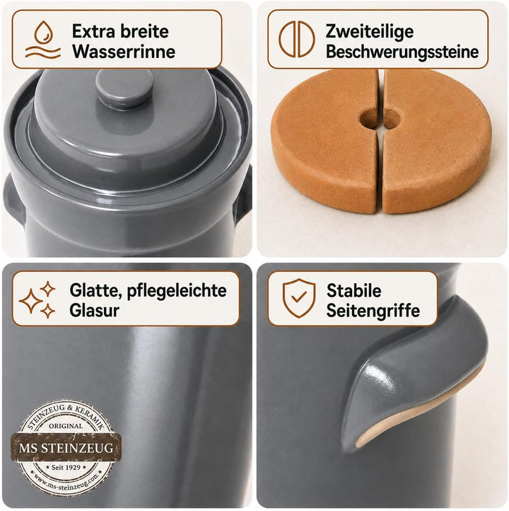 Gärtopf 10 L Steingrau + Beschwerungssteine | Gesund durch Fermentation mit Sauerkrauttopf | Einmach
