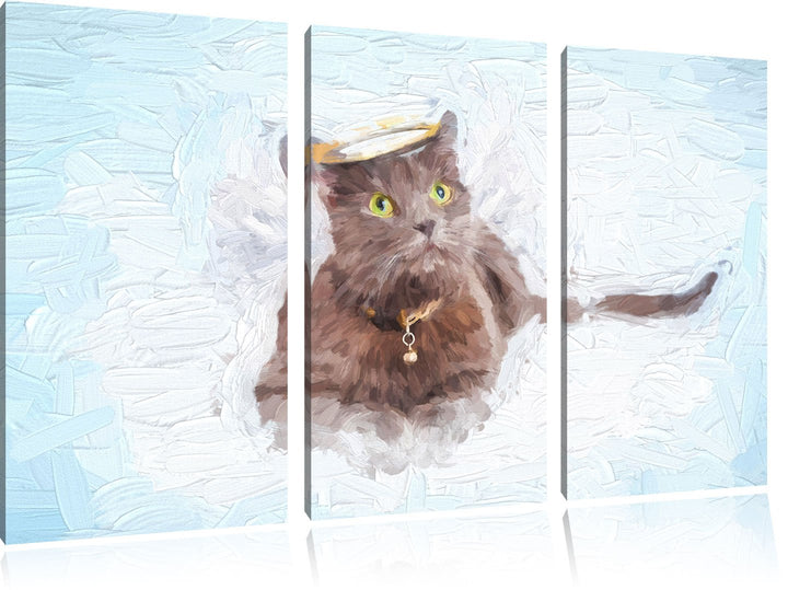 Pixxprint Katzen-Engel im Himmel / 3-Teilig/Gesamtmass 120cm Leinwandbild bespannt auf Holzrahmen/Wa