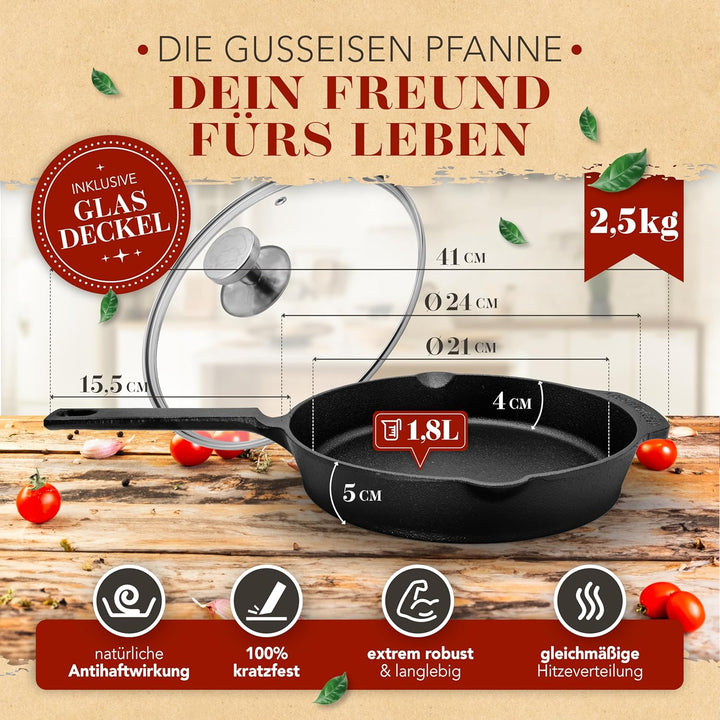 KRUSTENZAUBER 24cm Gusseisenpfanne Induktion - Voreingebrannte Gusseisen Pfanne - Ideale Grillpfanne