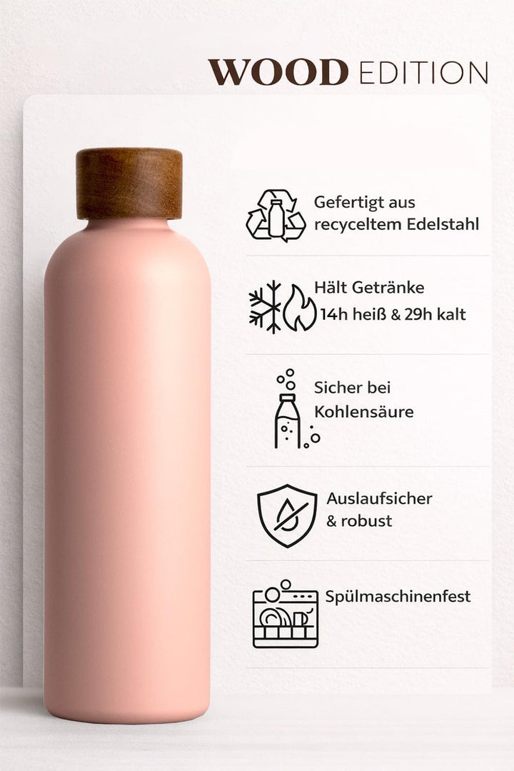 T&amp;N Edelstahl Trinkflasche 750ml, Thermosflasche 0.75l mit Akazienholz Deckel, Isolierte Wasserflasc