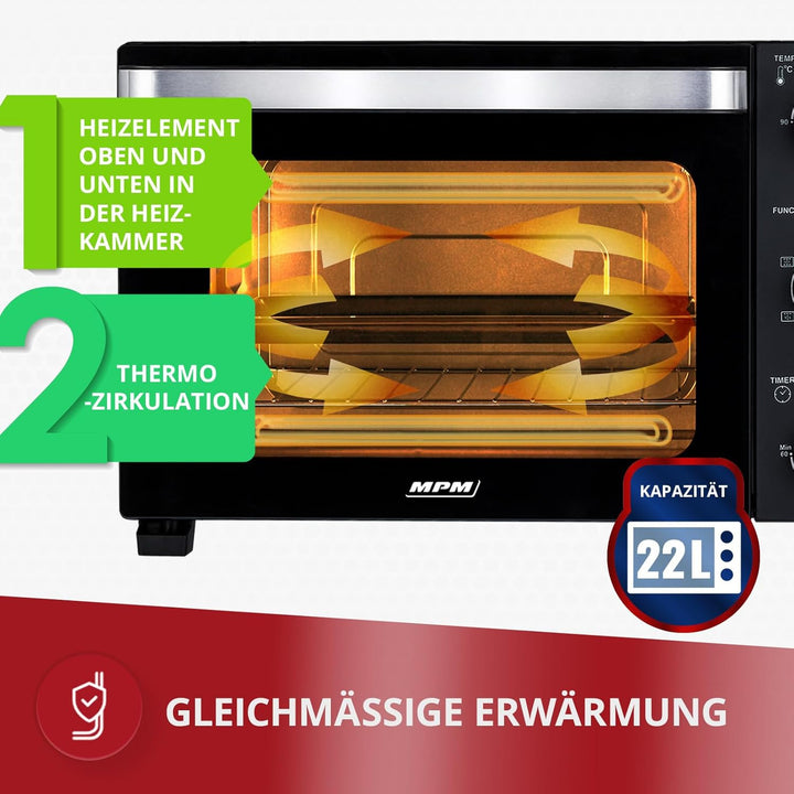 MPM Freistehender Elektrischer MPE-14/T - Ofen 22 Liter - Mini-Ofen mit Umluft und Timer - 1300W - S