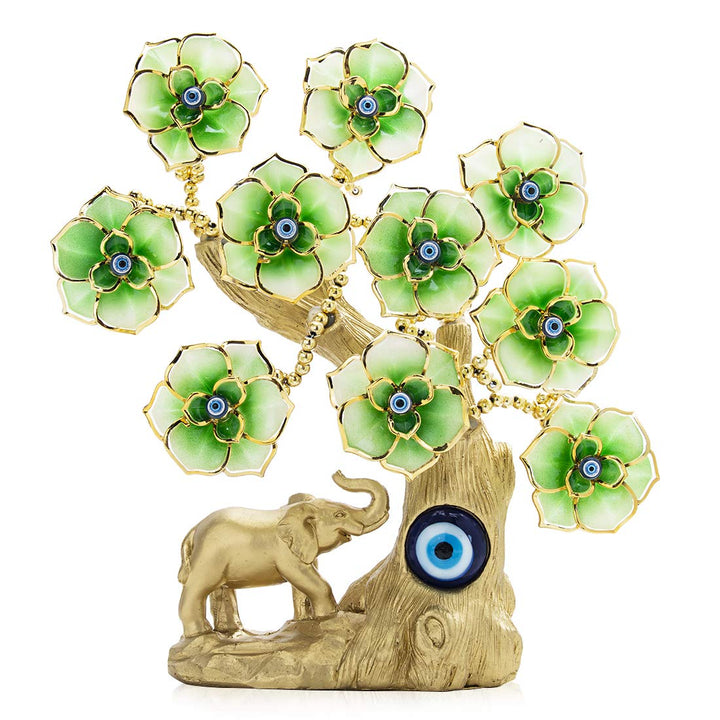 YU FENG Türkischer blauer böser Blick, goldener Glücksbaum mit Elefantenfigur und grünen Blumen für