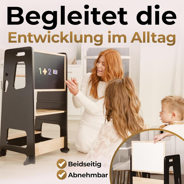BEY &amp; CO® Lernturm/Entdeckerturm aus Holz – Küchenhelfer für Kinder – 3-Fach höhenverstellbar, mit R