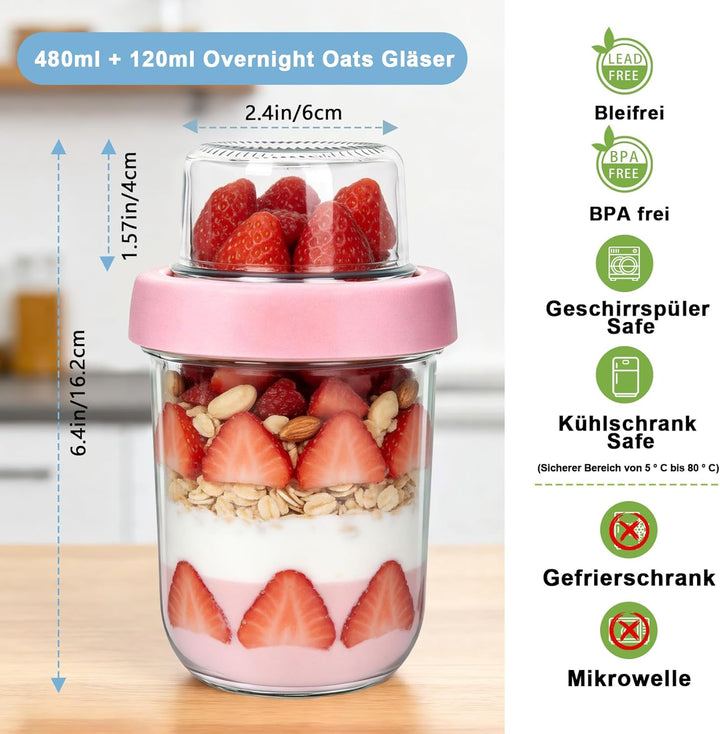 600ml Overnight Oats Gläser(480+120), 4 Pack Müslibecher to go - Doppelschicht Design,Trocken-Nass-T
