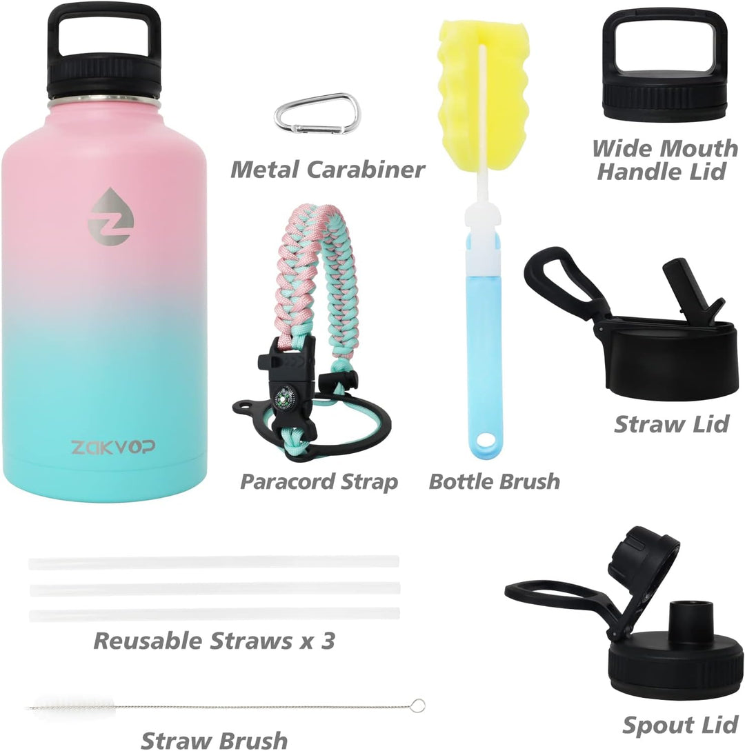 ZAKVOP Thermosflasche, 2L Trinkflasche Edelstahl mit Strohhalmen und 3 Deckeln, Trinkflasche Thermo