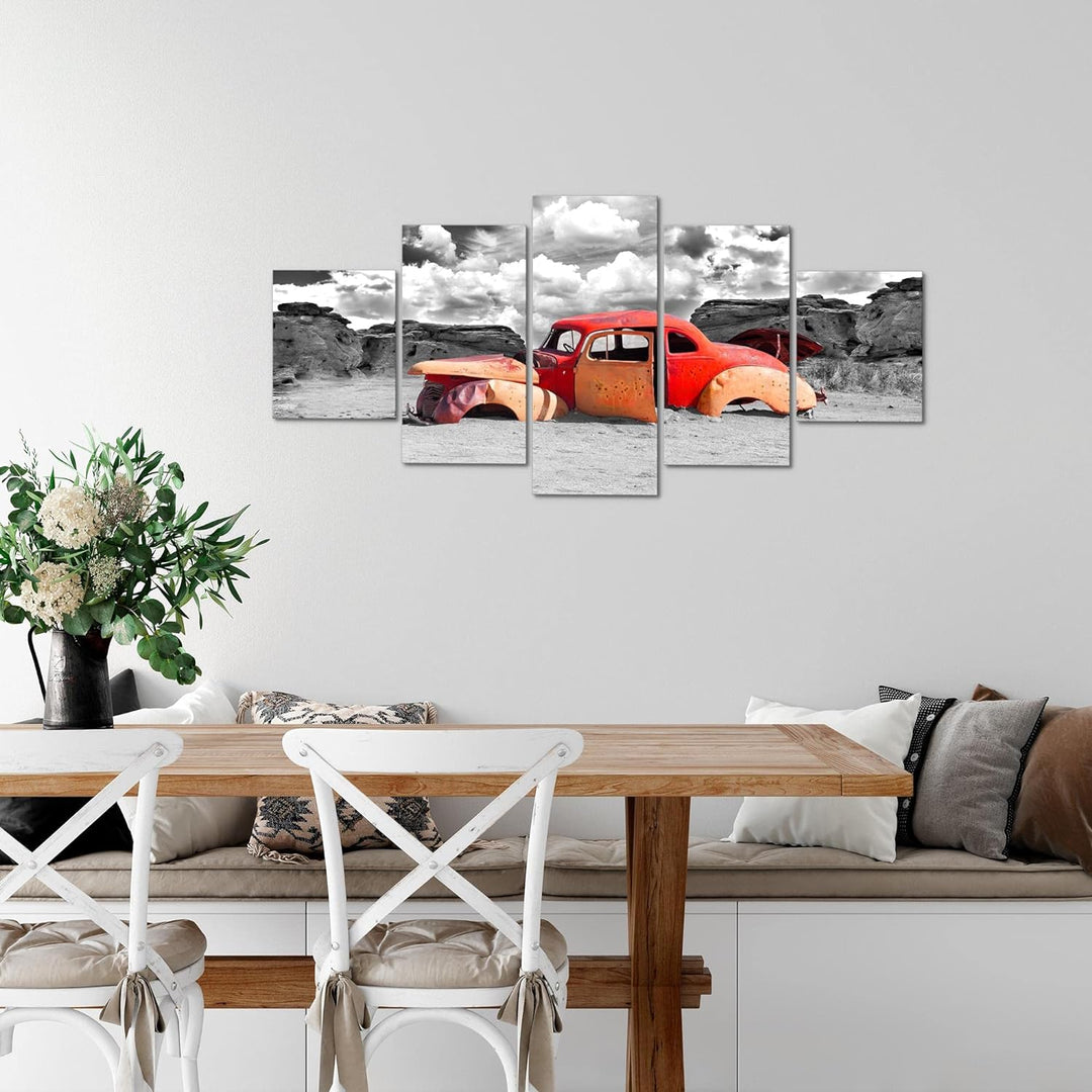 Runa Art Wandbilder Auto Oldtimer 5 Teilig Bild auf Vlies Leinwand Deko Wohnzimmer Abstrakt Rot Grau