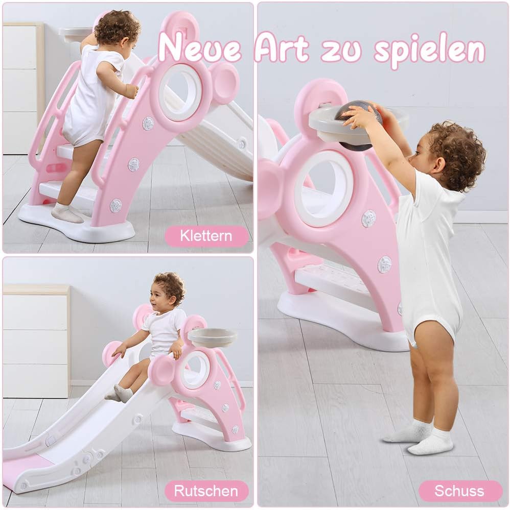 YOLEO Rutsche, Kinder Fun-Slide mit Basketballkorb, Faltbar Kinderrutsche, Gartenrutsche Kleinkinder