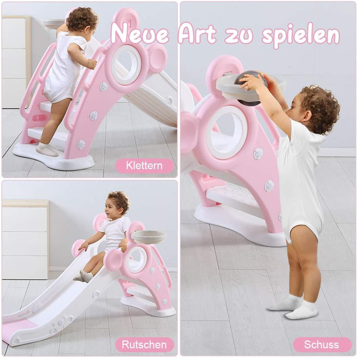 YOLEO Rutsche, Kinder Fun-Slide mit Basketballkorb, Faltbar Kinderrutsche, Gartenrutsche Kleinkinder