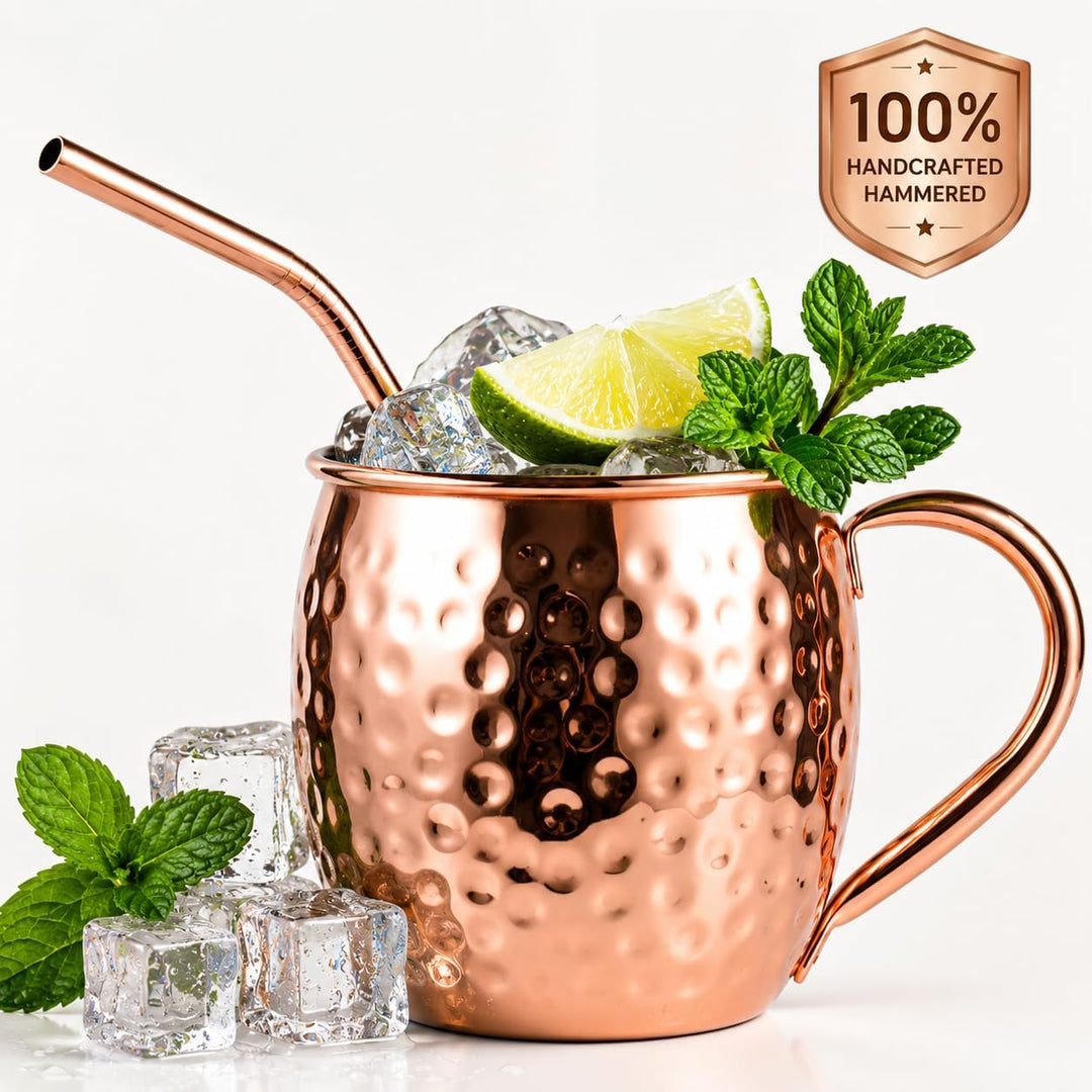 Eligara Moscow Mule Becher Kupferbecher Gehämmert und Handgefertigt Kupfertassen mit 4 Gläsern, 4 Un