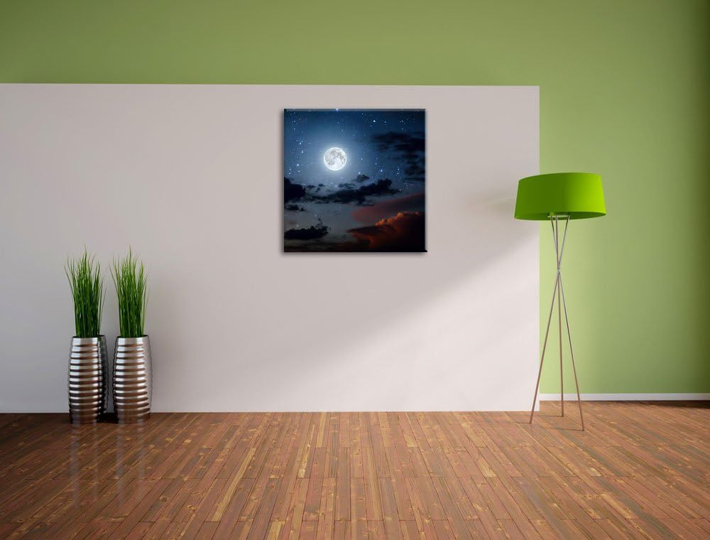 Pixxprint Leuchtender Mond am Nachthimmel, Format: 70x70 auf Leinwand, 70x70