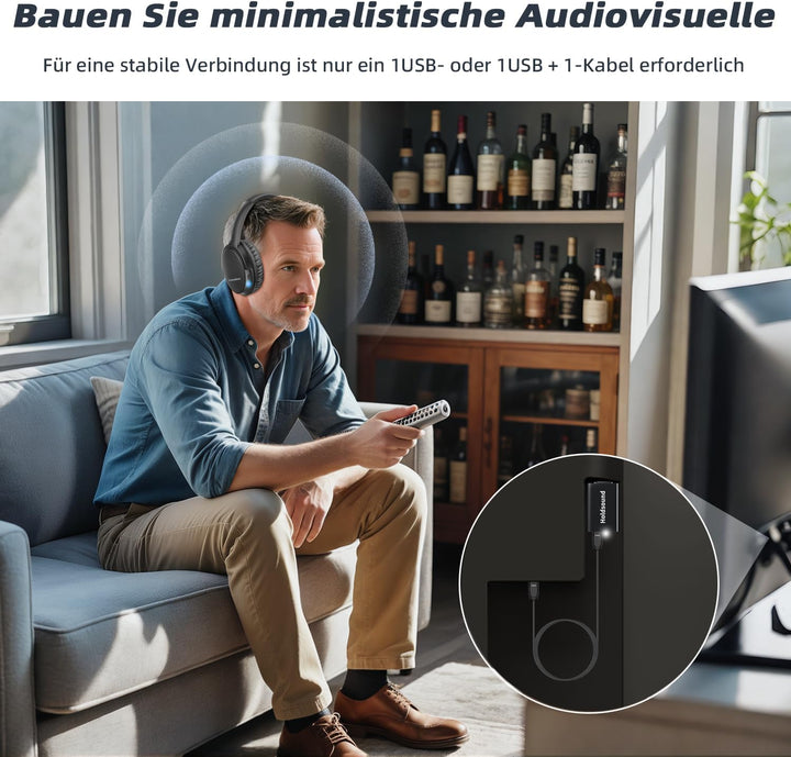 Holdsound Funkkopfhörer für Fernseher, Kabellose TV-Kopfhörer für Senioren mit Tragbarem USB-Sender,