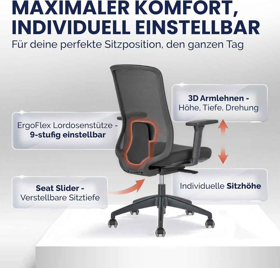 SCHEKKA® Bürostuhl Ergonomisch Testsieger - Besonders individuell Einstellbarer Schreibtischstuhl mi