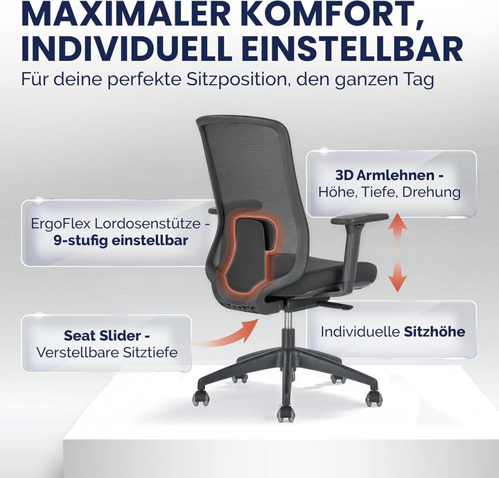SCHEKKA® Bürostuhl Ergonomisch Testsieger - Besonders individuell Einstellbarer Schreibtischstuhl mi