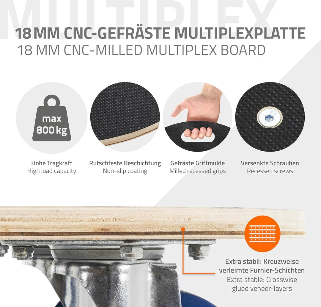 ECD Germany Transportroller rund Ø87x14,5 cm mit Siebdruckplatte und 2 gebremsten Rollen, 800kg Trag