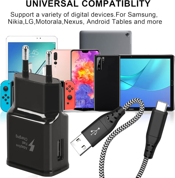Adaptive Fast Ladegerät mit USB-C Nylon Schnellladekabel 2 M, Original-Fast-Ladung QC3.0 kompatibel