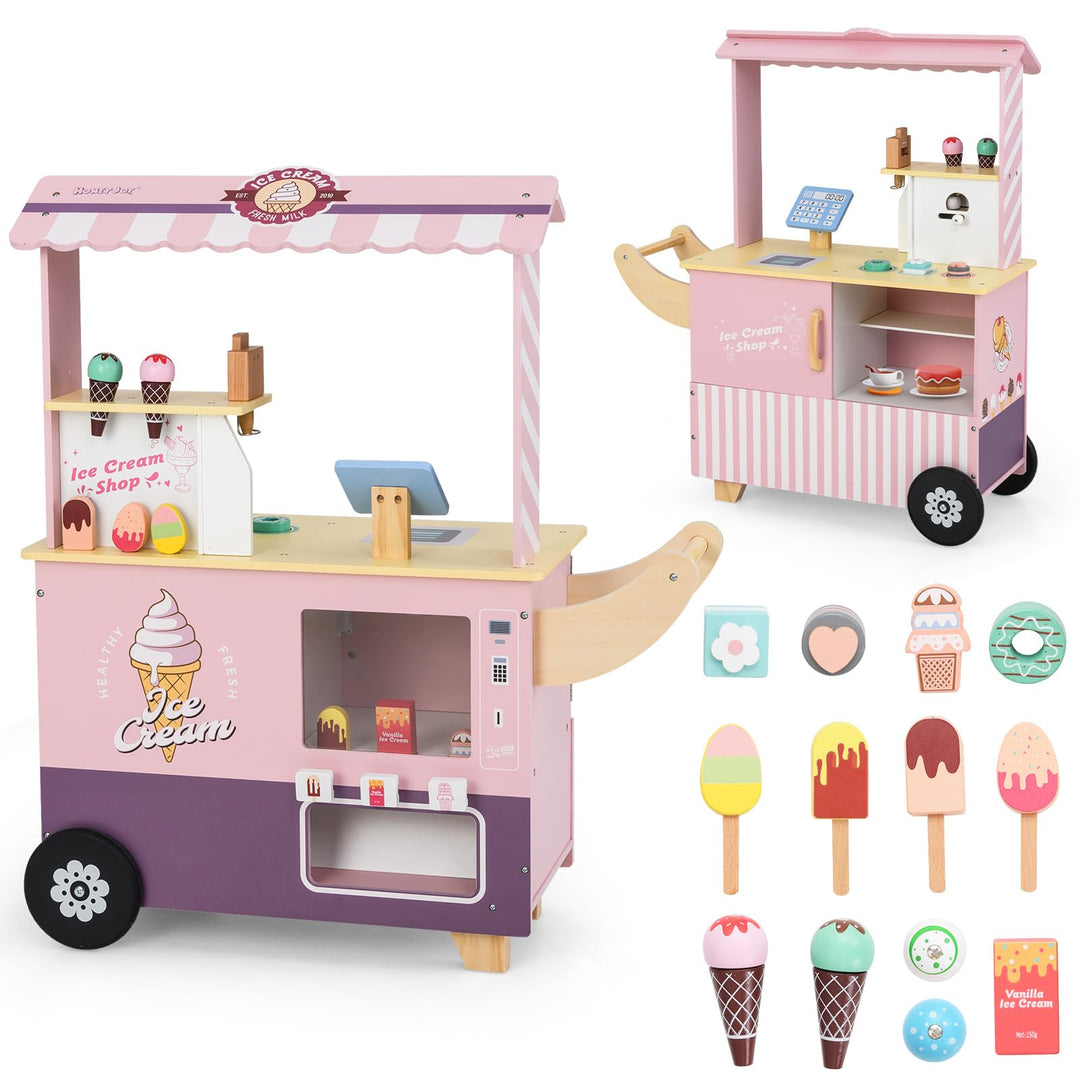 COSTWAY Eiswagen Kinder mit Eiscreme Spielzeug, Eisladen Holz mit Eismaschine & Verkaufsautomat & Ka