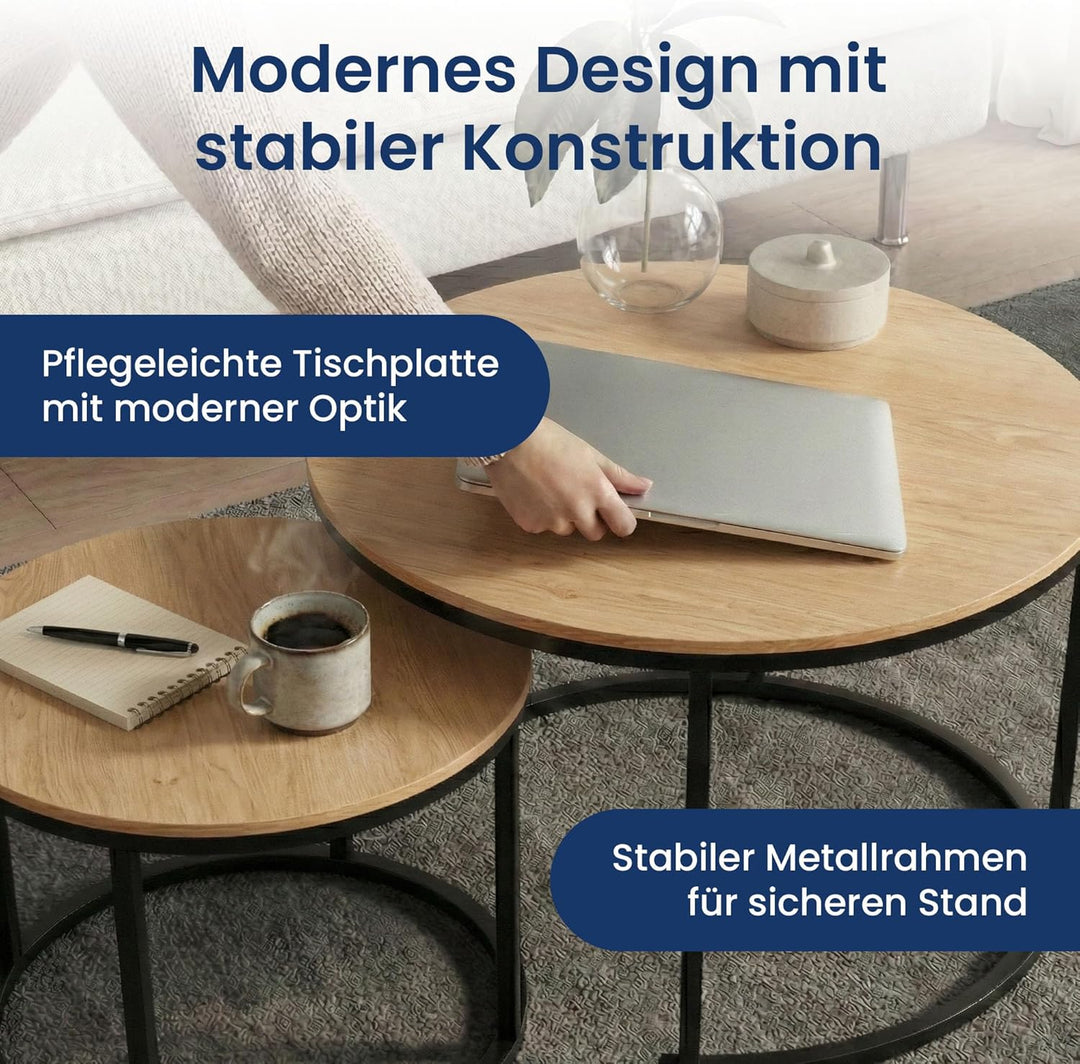 Home Collective Couchtisch 2er Set rund aus Holz, Wohnzimmertisch Modern, Beistelltisch Set 2 in 1 m