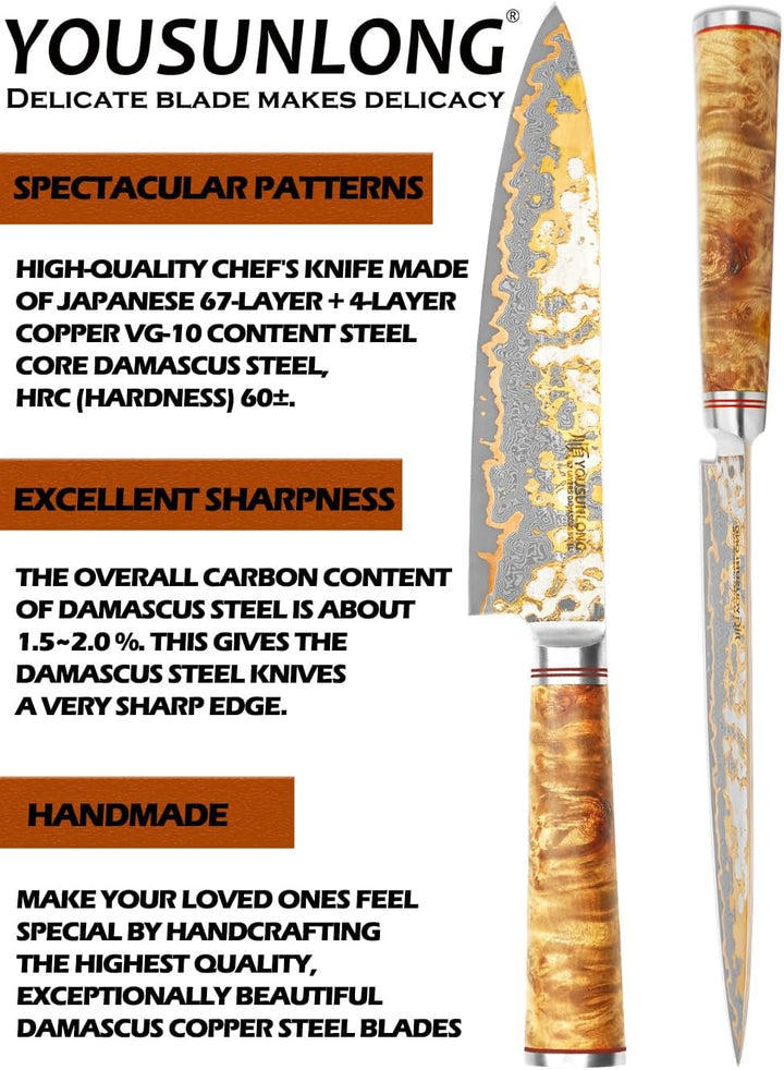YOUSUNLONG Professionelles Kochmesser - 200mm Klinge Japanischer Handgefertigter Kupfer Damast Stahl