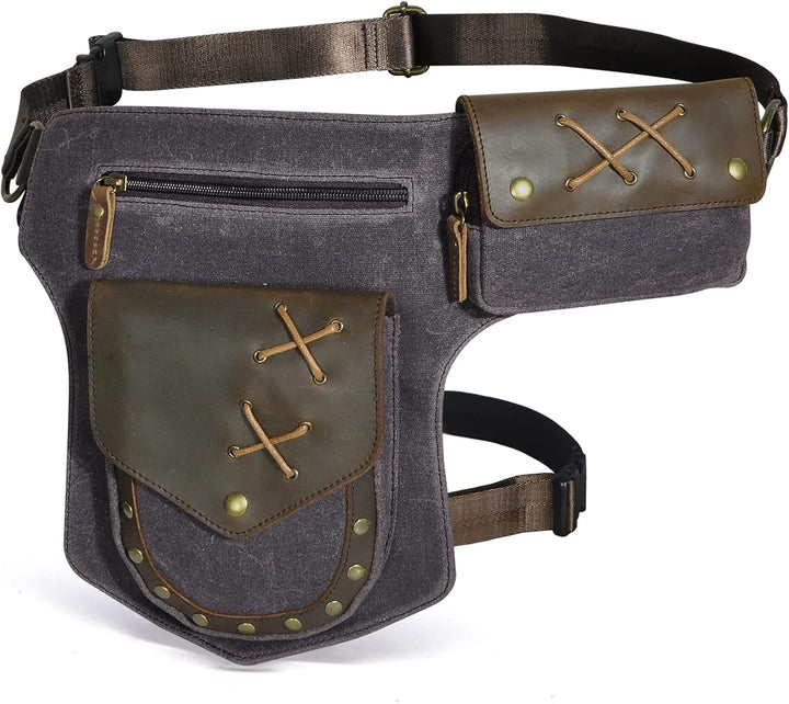 Le'aokuu Herren Canvas und Echtleder Wasserdichte Hüfttasche Umhängetasche Brusttasche Bauchtasche H