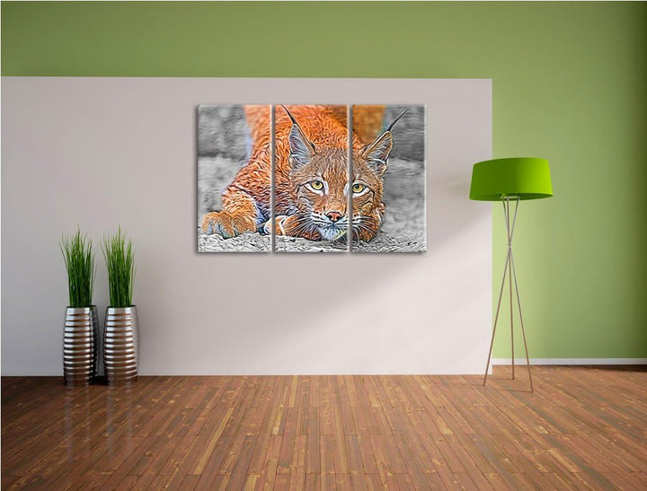 grosser wachsamer Luchs schwarz/weiss Deluxe 3-Teiler Leinwandbild 120x80 Bild auf Leinwand, XXL rie