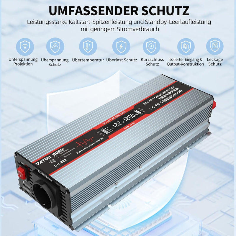DATOUBOSS 1200W Wechselrichter 12V Auf 230V Reiner Sinus Spannungswandler Spitzenleistung 2500W Mit