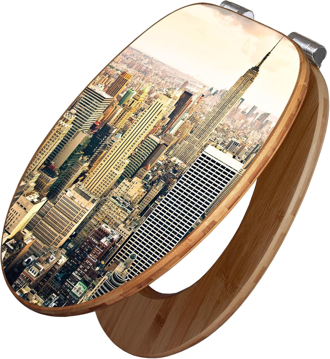 banjado® Design WC Sitz Bambus Absenkautomatik mit Motiv New York City/Toilettendeckel mit Absenkaut