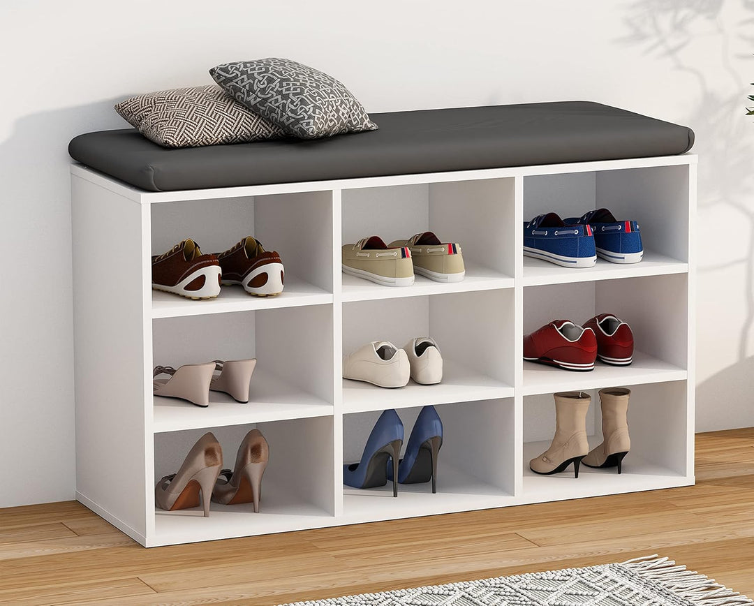 VCM Holz Sitzbank Schuhschrank Schuhregal Schuhkommode Sitzkommode 9 Fächer Hinsol XS Weiss