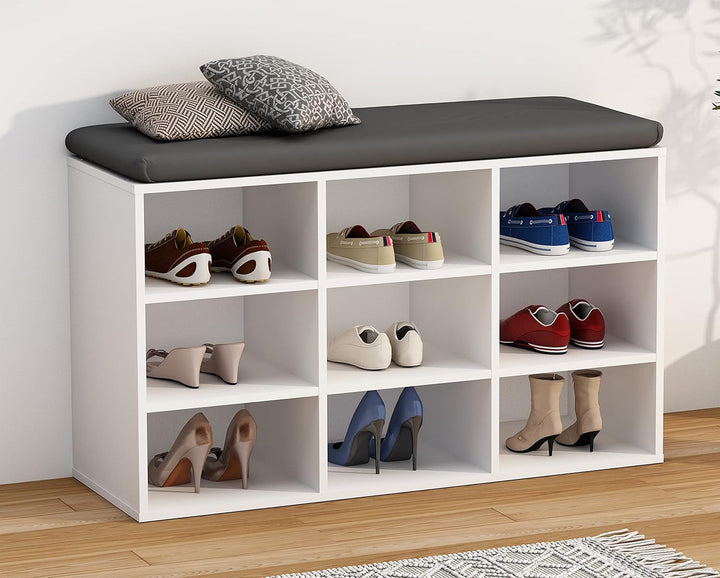 VCM Holz Sitzbank Schuhschrank Schuhregal Schuhkommode Sitzkommode 9 Fächer Hinsol XS Weiss