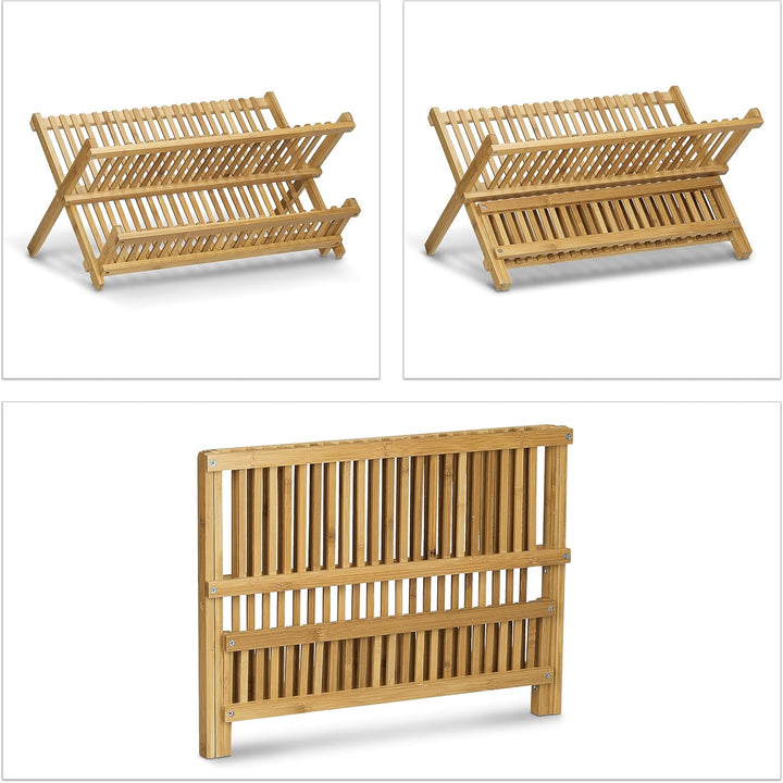 Relaxdays Abtropfgestell CROSS mit Besteckkorb HBT 24 x 46 x 28 cm Abtropfgitter Bambus klappbar für