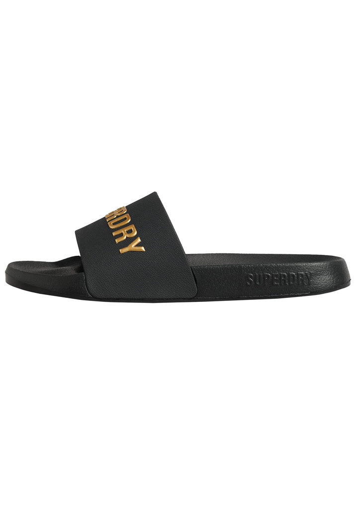 Superdry Damen Code Logo Vegan Pool Slide Flipflop Medium Black Metallic Gold, Medium Black Metallic