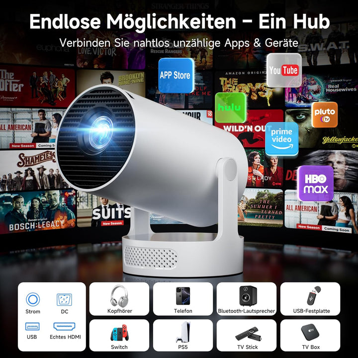 Mini Beamer, Philoent Smart Projektor 4K/1080P Unterstützt Neueste Apps WiFi 6 Bluetooth 5.4 Auto Sc