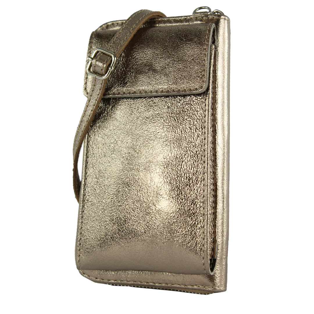 modamoda de - P06 - ital. Damen Umhängetasche Geldbörse Handytasche Leder Altgold-metallic, Altgold-
