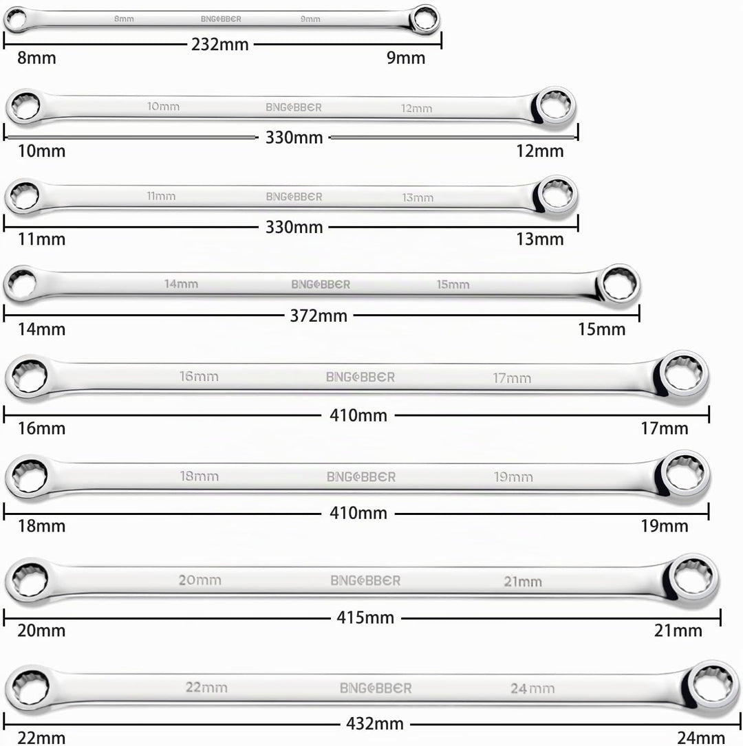BINGCOBBER Doppel Ringschlüssel Satz,8-tlg Extra langer Schraubenschlüssel, CV-Stahl 8mm-24mm 8PCS 8