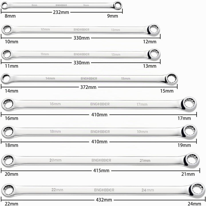 BINGCOBBER Doppel Ringschlüssel Satz,8-tlg Extra langer Schraubenschlüssel, CV-Stahl 8mm-24mm 8PCS 8