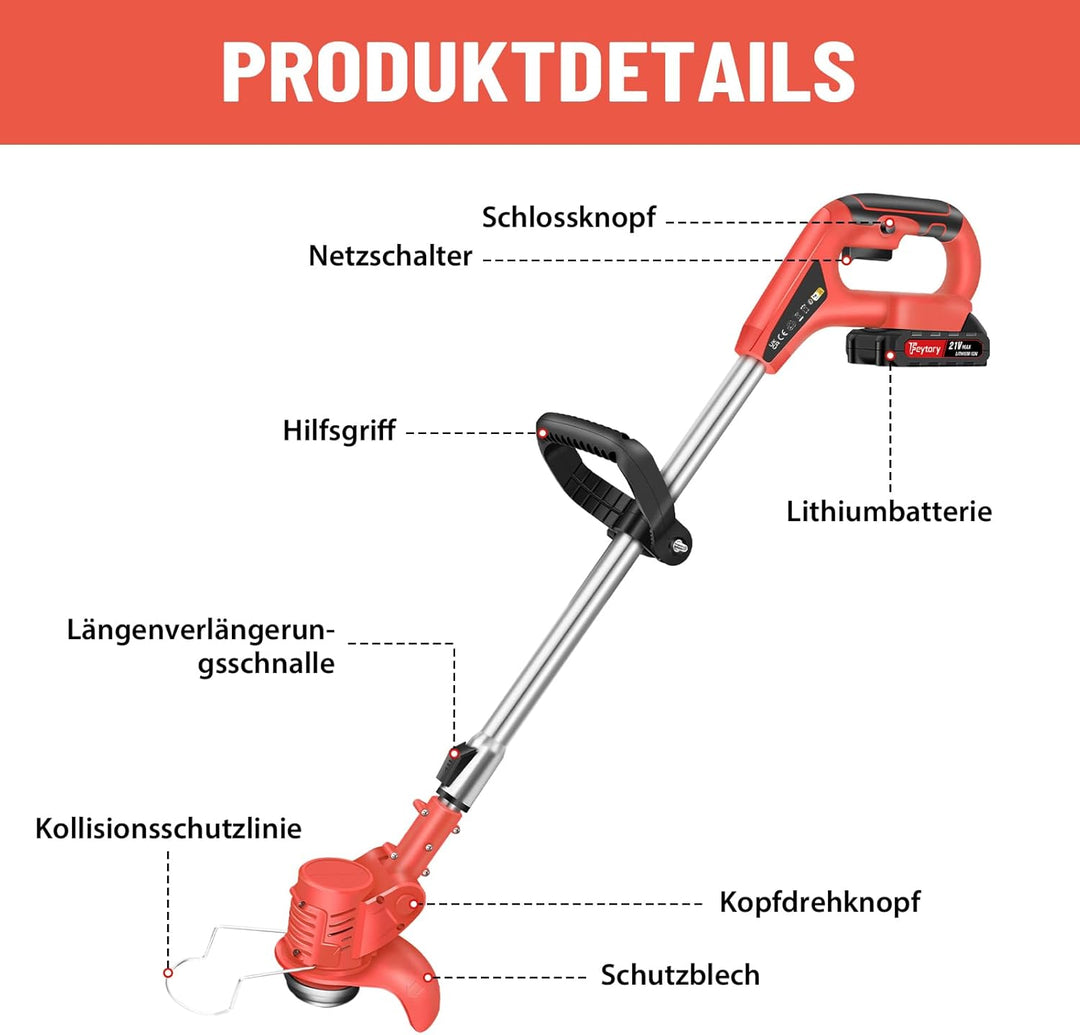 21V Akku Freischneider, Akku-Rasentrimmer Teleskoprohr 84-120cm, 1.5Ah Akku und Ladegerät, 10 Metall