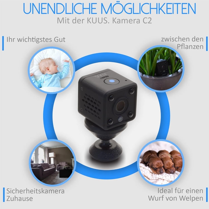 KUUS C2 Mini Kamera mit Bewegungsmelder: kompakte und mini Überwachungskamera innen, mini Kamera liv
