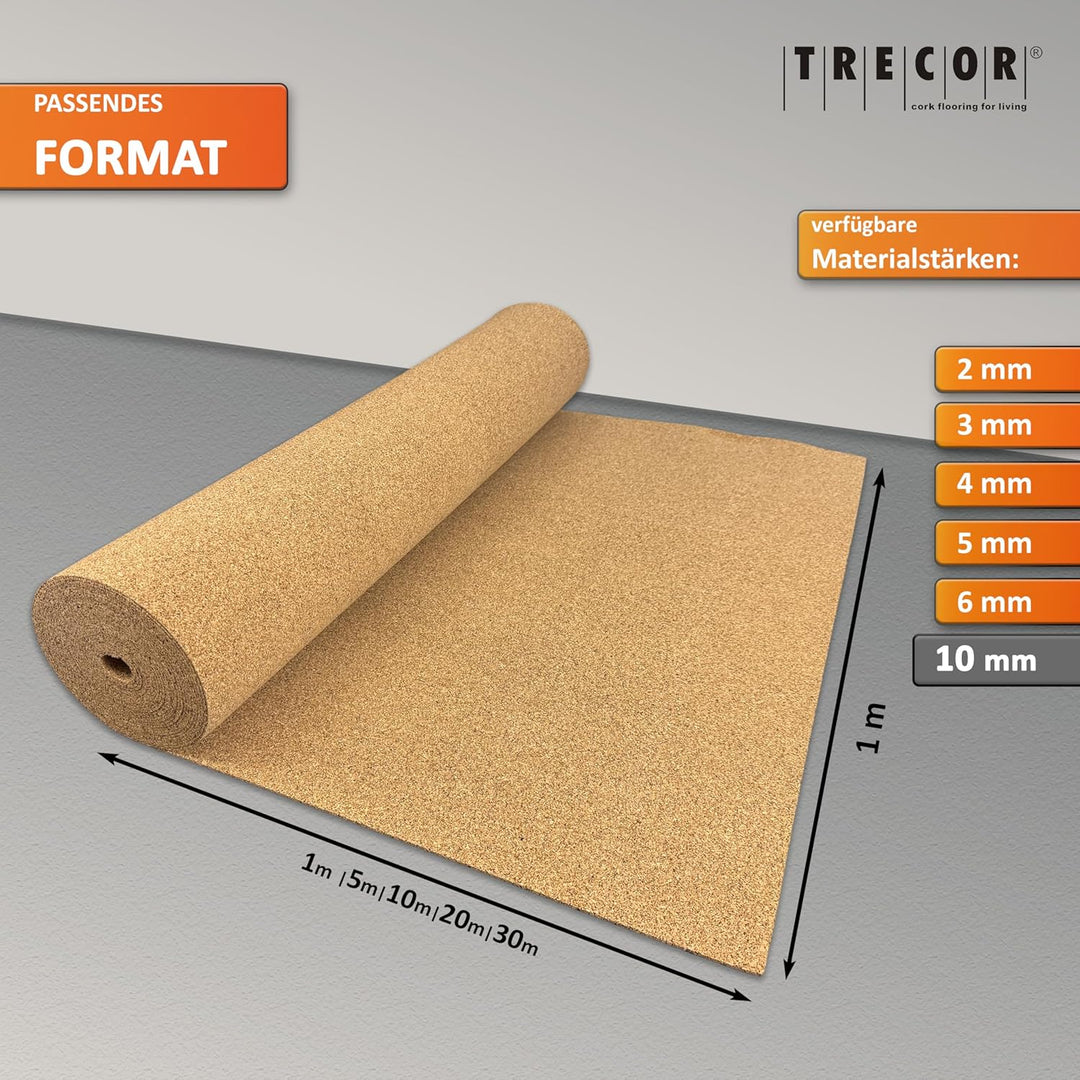 5 m² | Trittschalldämmung TRECOR Rollenkork - Stärke 10 mm - Akustik Tritt- und Gehschalldämmung für