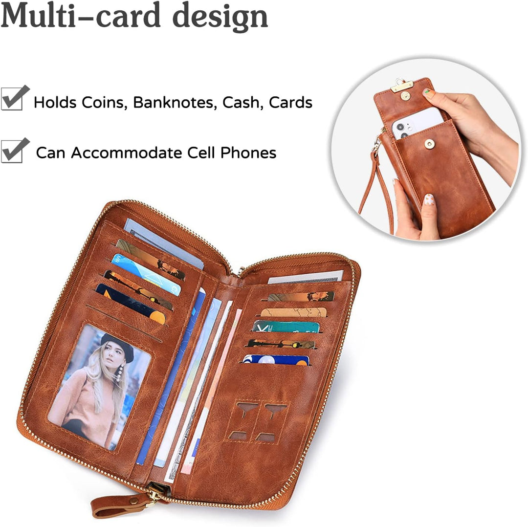 PORRASSO Geldbörse Damen Umhängetasche Portemonnaie Leder Geldbeutel Wristlet Bag mit Viele Fächer M