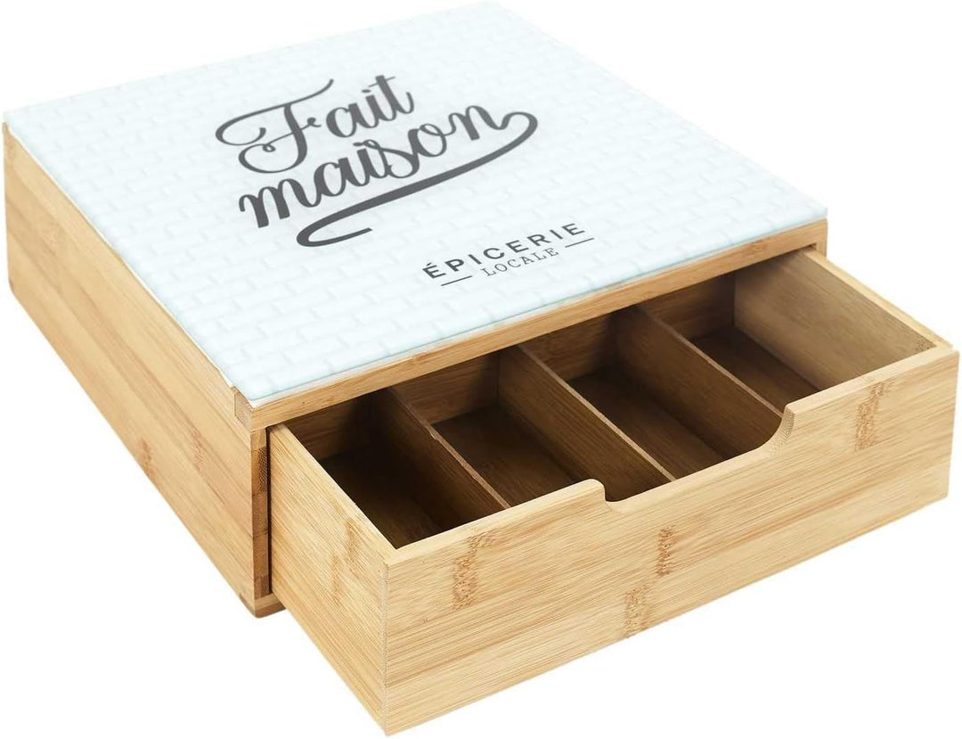Home Deco Factory, KA5953, Capsule Holder Drawer in Wood and Glass, Organized Storage for Coffee and