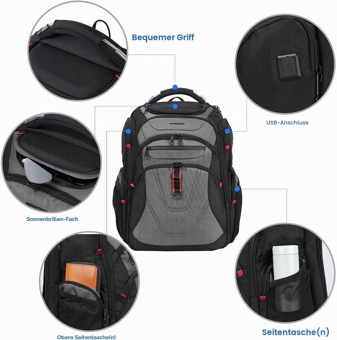 KROSER Laptop Rucksack Herren 17,3 Zoll Business Reiserucksack Handgepäck Wasserdicht mit Hartgeschä