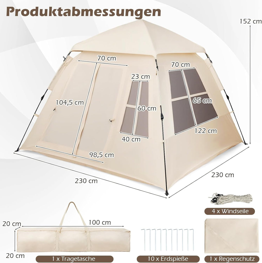 COSTWAY Pop Up Zelt 4 Personen, Wurfzelt mit 2 Meshtüren &amp; 4 Netzfenster, Campingzelt Wasserfest mit