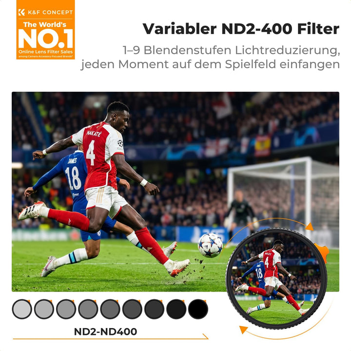 K&F CONCEPT Ultra-niedrige Reflexion ND Filter 77mm Variabler ND2-400 Graufilter (1-9 Blendenstufen)