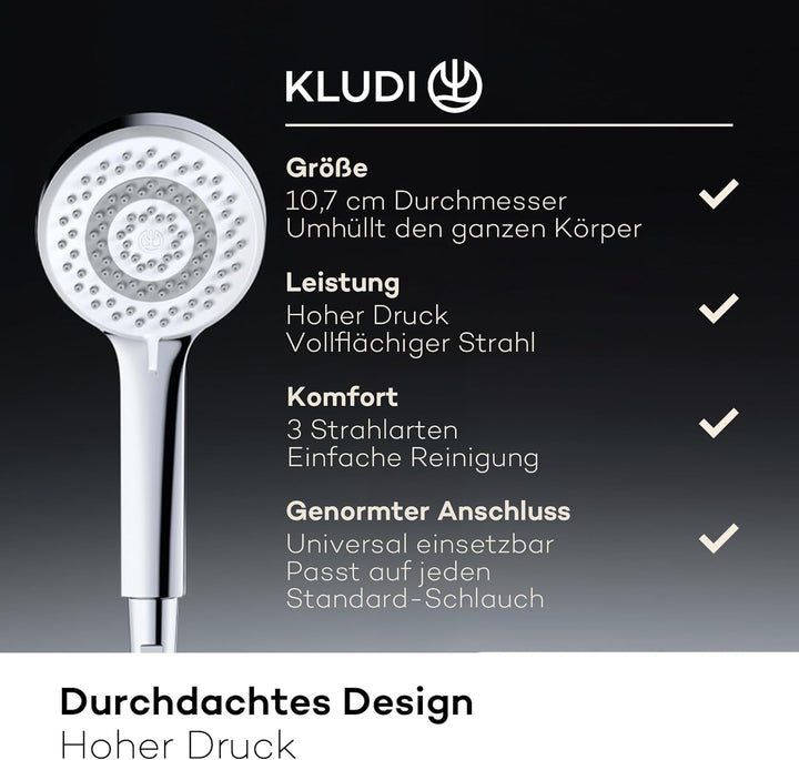KLUDI-X1 Universal Duschkopf mit Schlauch, Duschbrause optional wassersparend mit 3 Strahlarten (Bod