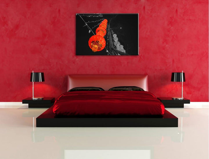 Dark klassische chinesische Lampions schwarz/weiss auf Leinwand, XXL riesige Bilder fertig gerahmt m