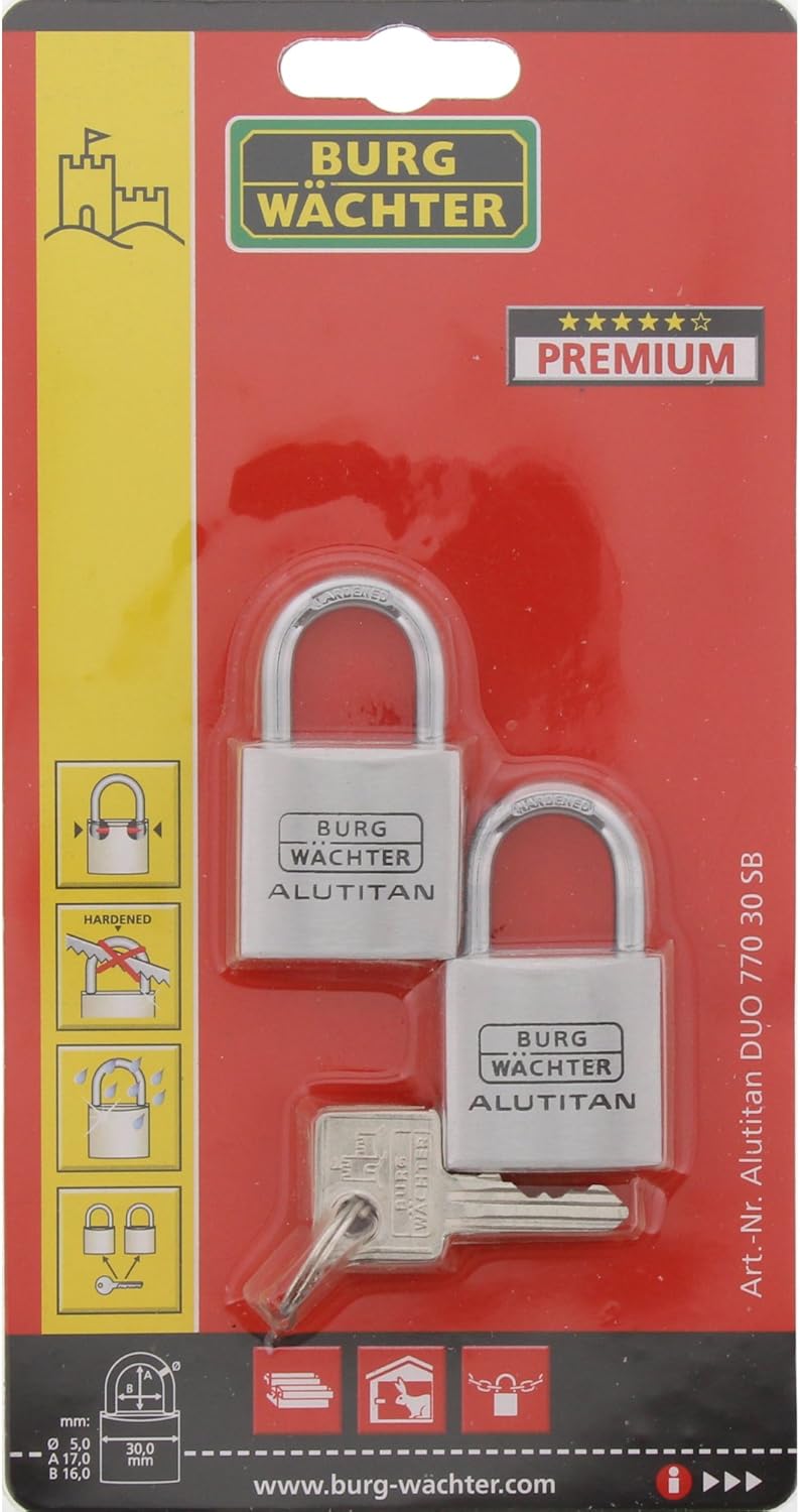 Burg-Wächter Vorhangschloss, Vorhängeschloss mit Schlüssel, Duo Set, 5,0 mm Bügelstärke, massives Al