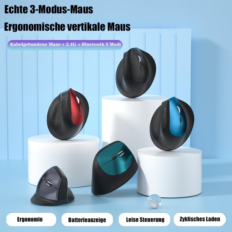 Funkmaus Ergonomisch 3 Modi [Bluetooth 5.2, 2.4 G, Kabelgebundene] Wireless Vertikale, Wiederaufladb