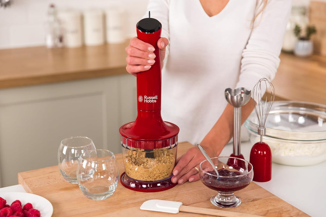 Russell Hobbs Stabmixer [3-in-1: Pürierstab/Zerkleinerer, Mixer- & Schneebesenaufsatz] Desire Rot (B