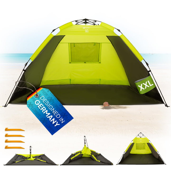 EXPLORER XXL Automatik Strandmuschel mit UV Schutz 80+ [220x150x130cm] kleines Packmass leicht und s