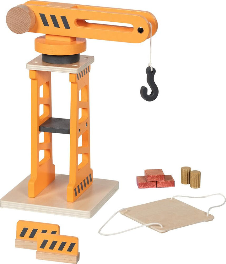 goki 55824 – Drehkran mit Zwei Absperrbarken und Ladeplattform, beweglicher Spielzeug-Baukran aus Ho