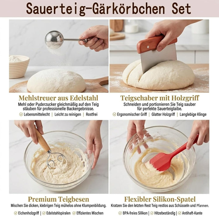 Sauerteig Starter Set, Brot backen Zubehör 24 teilig, Gärkorb Brot Rund 23cm und Oval 25cm, Brotkorb